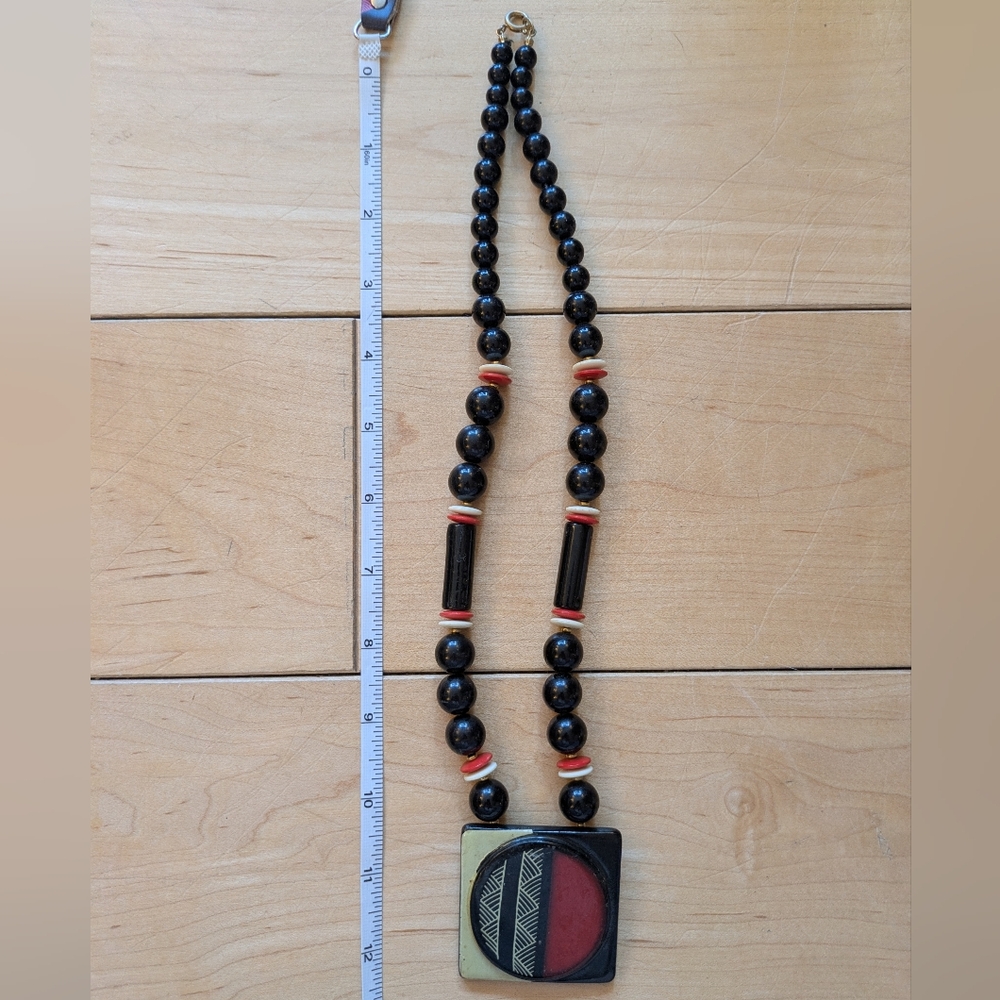 Black Beaded Necklace with Geometric Pendant